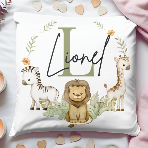 Personalisiertes Kinderkissenbezug mit Namen & Initiale – Safari Tiere
